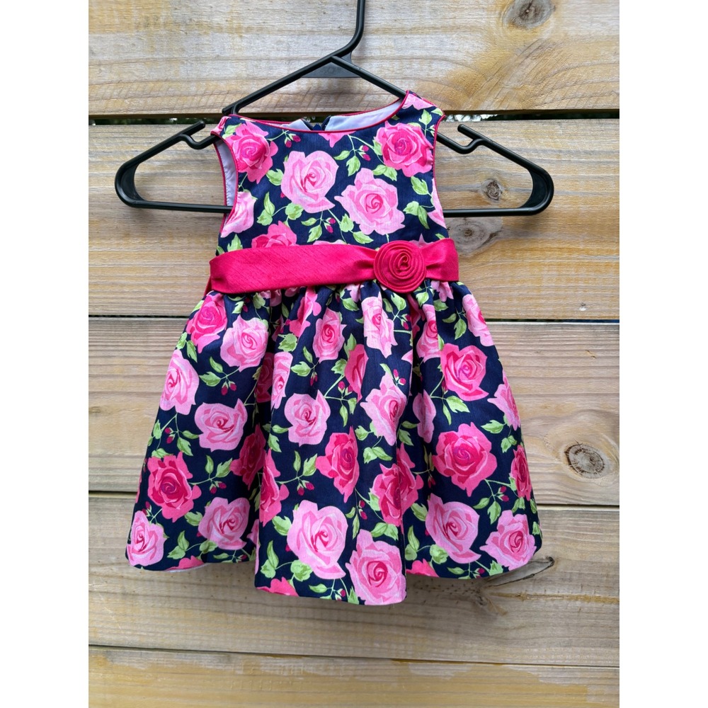 American Princess Baby Girls Navy Pink Floral Rose Dress Satin Sash 18M 44513